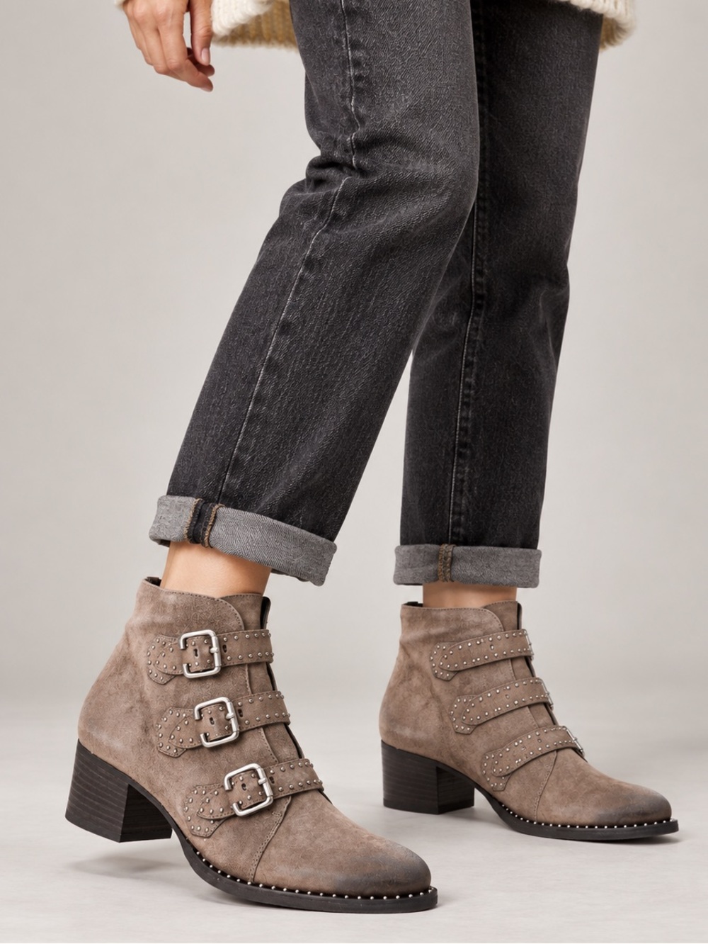 Paul Green Soho Studded Buckle Moto Booties Mineral Nubuck 9